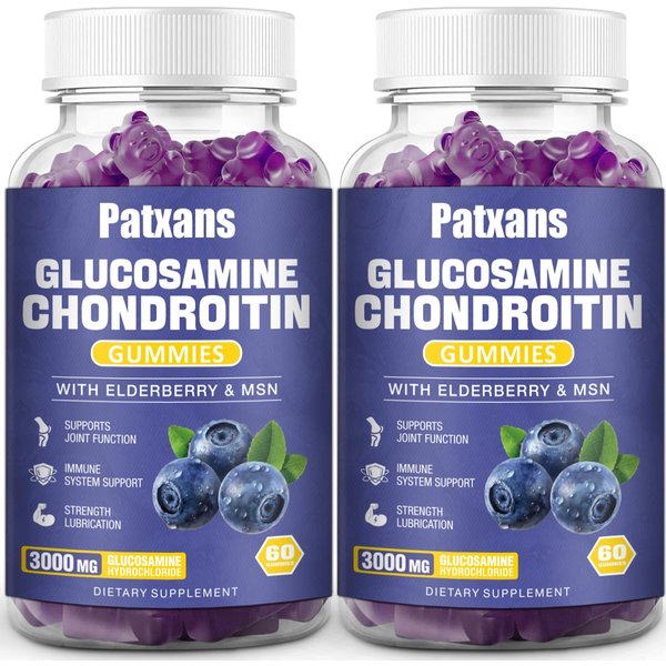 Patxans 2 Packs 3000MG Glucosamine Chondroitin Gummies - Extra Strength Joint Health & MSM Elderberry Natural Joint Support Supplement, Flexibility, Antioxidant Immune Support for Adults, 120 Gummies.