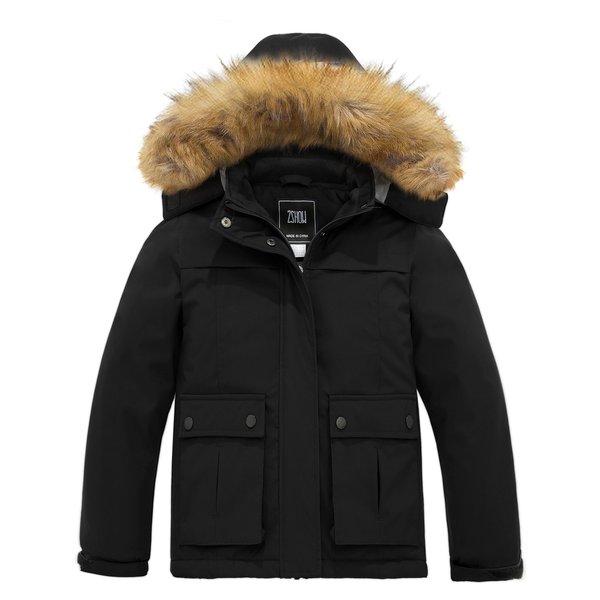 ZSHOW Girls' Winter Coat Windproof Waterproof Ski Jacket with Removable Faux Fur Hood(Black,8)