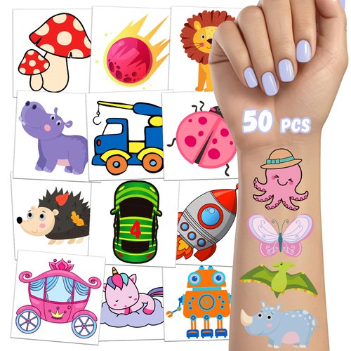 TatoYard 50 PCS Individually Wrapped Temporary Tattoos Stickers, Bulk Kids Non Toxic Tattoos for Party Decorations Supplies, Goodie Bags Stuffers for Kids Birthday Party Favors (Colourful)