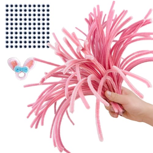 AHUIFT Upgraded 100PCS Pink Pipe Cleaners Chenille Stems Craft Bulk DIY Art Supplies with Googly Eyes Thicker Fuzzy Sticks Wire for Adults and Toddlers