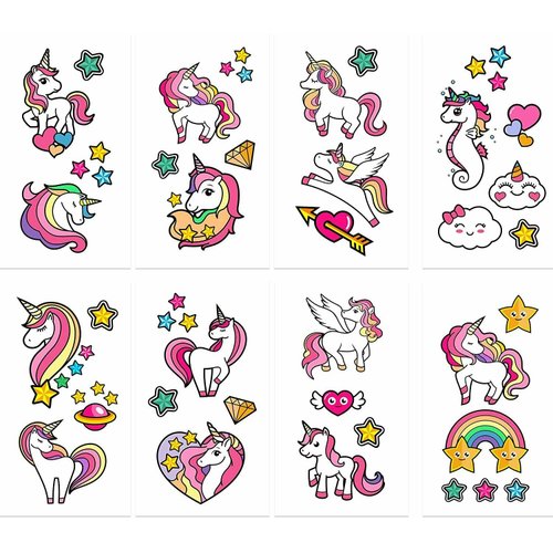 Tatodays 16 x Unicorn temporary tattoos sheets for girls age 7-8 unicorns hearts rainbows stars fake transfer stick on tumblers