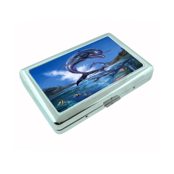 Metal Silver Cigarette Case Holder Box Dolphins Design-006