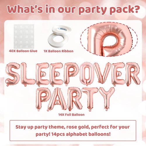 Sleepover Party Supplies for Girls - Rose Gold Sleepover Party Decorations Balloon Banner Set Sleepover Birthday Decorations for Boys Girls Theme Party