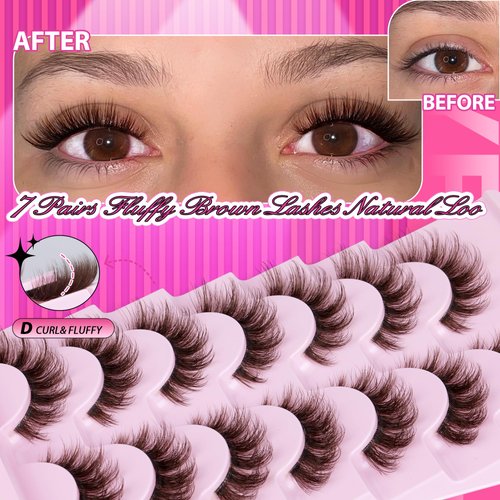 JIMIRE Brown False Eyelashes with Clear Band Fluffy 6D Lashes Brown Colored Lashes Natural Look Like Lash Extensions Faux Mink Strip Eyelashes 7 Pairs Multipack