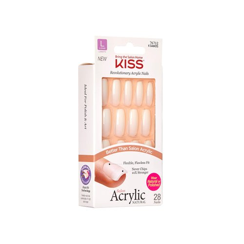 KISS Salon Acrylic Press On Nails, Nail glue included, 'Strong Enough', White, Long Size, Coffin Shape, Includes 28 Nails, 2g Glue, 1 Manicure Stick, 1 Mini File