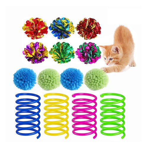 Gesuche 14 PCS Cat Toy Springs and Balls Set,Colorful Cat Spring Toy and Small Pom Pom Balls,Sparkle Kitten Crinkle Toys Cat Mylar Balls with Rustle Sound for Cats Kittens Playing Interacting