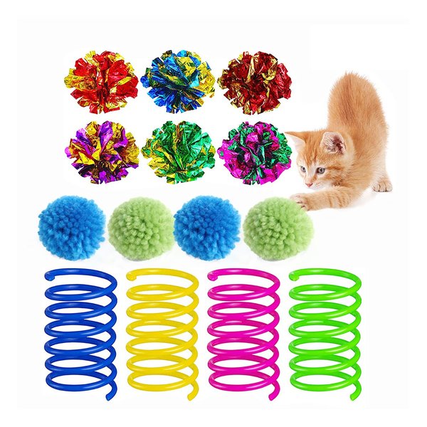 Gesuche 14 PCS Cat Toy Springs and Balls Set,Colorful Cat Spring Toy and Small Pom Pom Balls,Sparkle Kitten Crinkle Toys Cat Mylar Balls with Rustle Sound for Cats Kittens Playing Interacting
