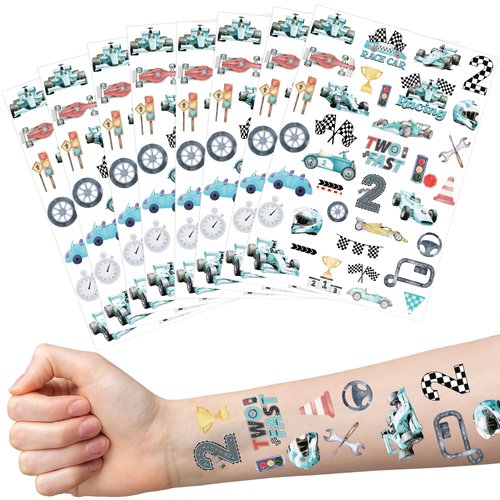 Two Fast Birthday Temporary Tattoos - 8 Sheets 2 Fast 2 Curious Birthday Decorations Party Favors Supplies, Blue Race Car Helmet, Treat Bag Stuffers for Kids Boys