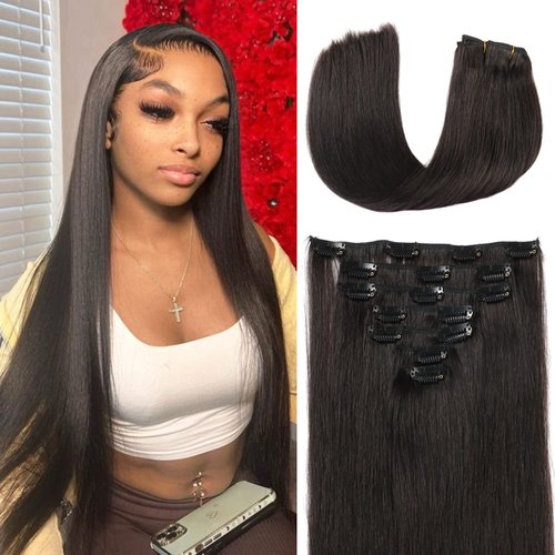 16inch Natural Black Clip In Hair Extensions Real Human Hair For Women 7pcs Per Set with 16 Clips 100% Remy Virgin Human Hair Clip In Extensions Double Weft Clips Straight Soft Hair