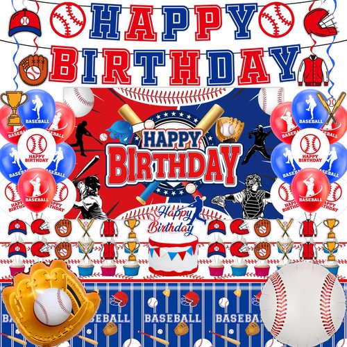 Baseball Birthday Party Decorations, Baseball Birthday Party Supplies Including Banner, Hanging Swirls, Foil Balloons, Latex Balloons, Cake Toppers, Backdrop and Tablecloth