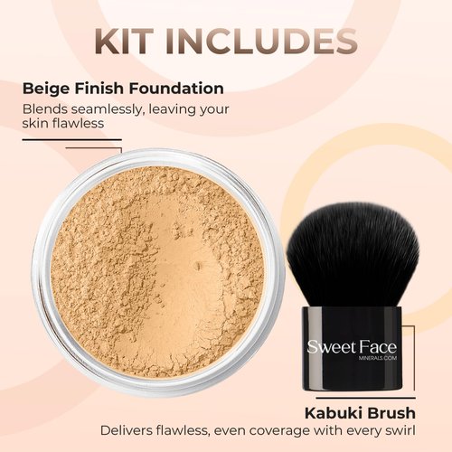 2pc FOUNDATION with KABUKI BRUSH Mineral Makeup (BEIGE) Matte Loose Powder Bare Face Cosmetics Full Coverage Long Lasting All Skin Types SPF 18
