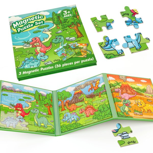 Kasfalci Magnetic Puzzles for Toddlers 3-5,36 Pieces Travel Puzzles Games for Kids,Airplane Car Road Trip Activities,Activity Books,Dino Dinosaur Magnet Toys for 3 4 5 6 Year Old Boys Birthday