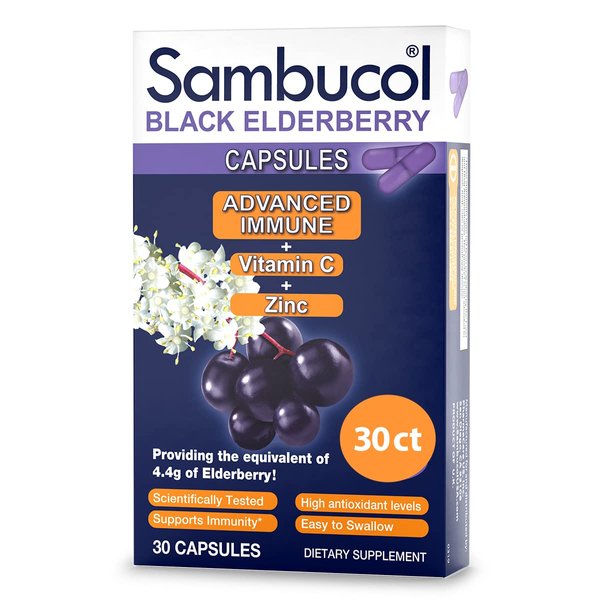 Sambucol Black Elderberry Capsules - Advanced Immune, Vitamin C and Zinc, Elderberry Capsules, Immune Support Supplement, Black Elderberry Supplements, Gluten Free, Easy to Swallow Capsules - 30 Count