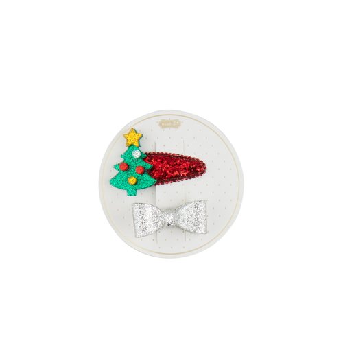 Mud Pie Holiday Glitter Hair Clips, Silver Bow, 4"