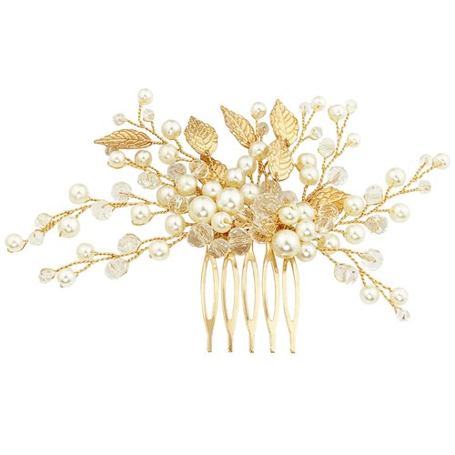 BETITETO Bridal Hair Comb Crystal Pearl Gold Leaf Wedding Hair Piece Accessories for Women Girls Party (Gold)