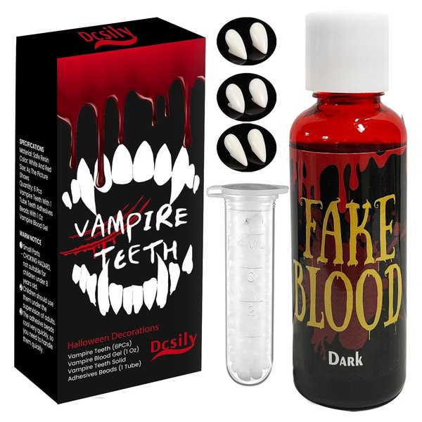 Vampire Teeth Halloween Decorations - Fake Teeth Halloween Decor, Vampire Fangs for Cosplay Accessories as Halloween Props, Halloween Accessories incl Vampire Teeth & Blood Gel (1OZ) & Adhesives Beads