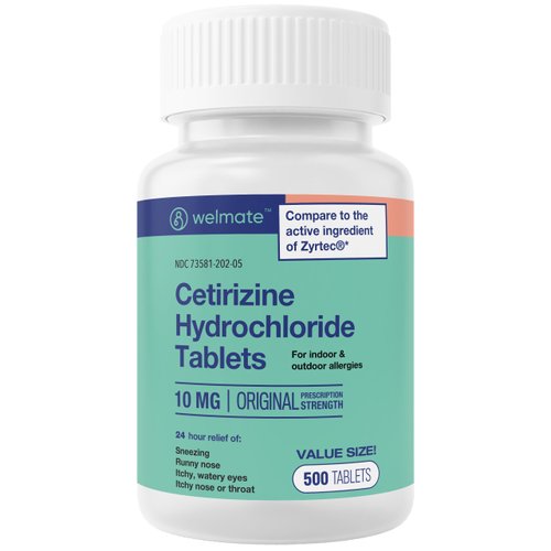 WELMATE | Allergy Relief | Cetirizine HCL 10 mg | 24hr Support | Antihistamine | Pollen | Hay Fever | Dry & Itchy Eyes | Itchy Nose or Throat | Indoor & Outdoor Allergy Medication | 500 Ct