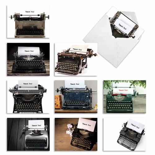The Best Card Company - 10 Thank You Note Cards with Envelopes (4 x 5.12 Inch) - Vintage Typewriter Greeting Cards - Manual Thanks M2968
