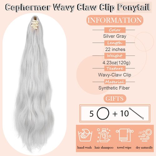 Cephermer Ponytail Extension 22'' 24'' Long Wavy Straight Claw Clip in Pony Tails Hair Extensions Natural Looking Synthetic Hairpiece for Women Silver Gray