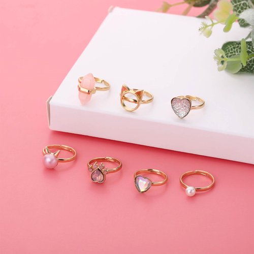 NEWITIN 7 Pieces Cute Rings for Girls Crystal Ring Girl Pretend Play Rings and Dress up Rings Adjustable Rings Kids Jewelry Little Girls Gift for Girls Kids
