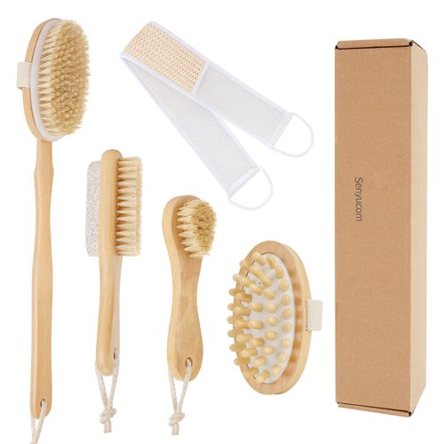 Body Brush Set,5 Pcs Natural Boar Bristle Body Brush, Long Handle Shower Brushes Back Scrubber, Face Brush, Feet Brush,Dry Body Brush， Lymphatic Drainage - Exfoliating Massager,Suitable for Women Men