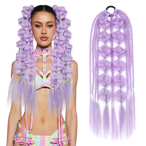 YOGFIT Colored Hair Extensions Long Braided Bubble Ponytail Extension with Hair Tie, 21&#39;&#39; Crazy H...