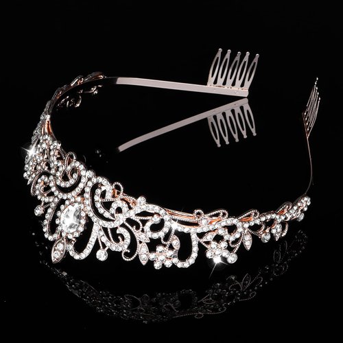 Tiara Crown for Women,Rhinestone Crystal Tiara Crown with Comb Princess Pageant Tiara Headband Rose Gold