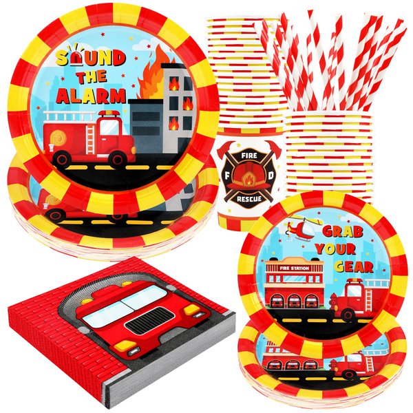 Firetruck Birthday Party Supplies Decorations, Fire Truck Theme Paper Plates and Napkins Set for 24 Guests, 120 Pcs Disposable Firefighter Party Dessert Dinnerwares