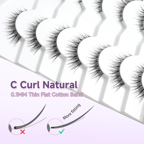 Lashes False Eyelashes Natural Cat Eye Lashes 14mm Wispy Eyelashes with Thin Band 3D Volume False Lashes Soft Strip Lashes Pack C Curl Natural Eyelashes Fake Lashes 7 Pair EVENTILL