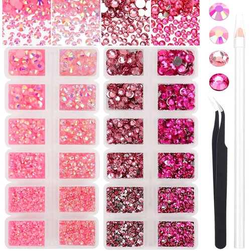AUREHEN 15000PCs 2-6MM Pink Series Resin Flat Back Rhinestones, Round Non Hotfix Jelly & Silver Bottom Resin Rhinestones Nail Gems Stones with Tweezer & Picker Pen for Nail Art Tumblers & DIY Crafts