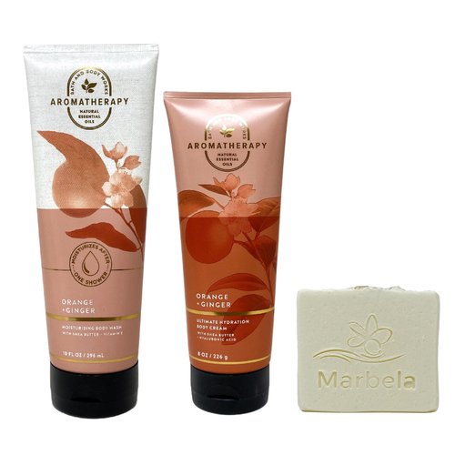 Bath & Body Works Aromatherapy Orange + Ginger Moisturizing Body Wash and Body Cream Gift Set Bundle with a Natural Oats Bar Soap - Full Size