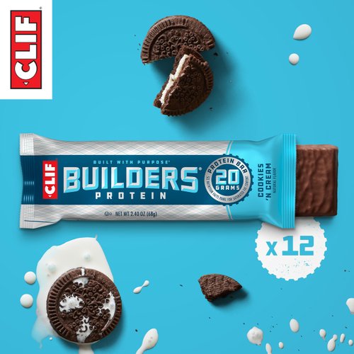 CLIF Builders - Cookies 'n Cream Flavor - Protein Bars - Gluten-Free - Non-GMO - Low Glycemic - 20g Protein - 2.4 oz. (12 Count)