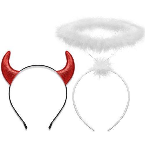 U-Zomir Angel Halo and Devil Horns Headband Set, White Feather Angel Halo Headband and Glitter Red Devil Horns, Halloween Angel and Devil Costume Accessories for Women Adults Cosplay Party Supplies