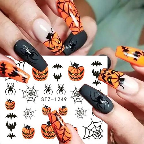 12 Sheets Halloween Nail Stickers Pumpkin Spider Web Cute Ghost Water Transfer Nail Decals Hologr...