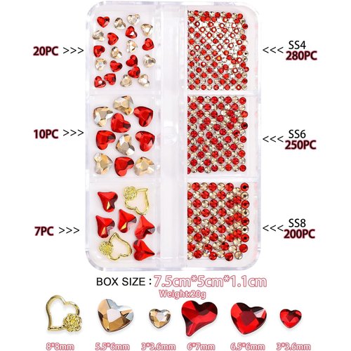6Girds 767PCS 3D Red Heart Nail Art Charms Love Nail Gems Glitter Decoration Red Valentine's Day Nail Heart Round Diamond Frame Studs Metal Nail Art Rhinestones for Women Decorations Manicure Charms