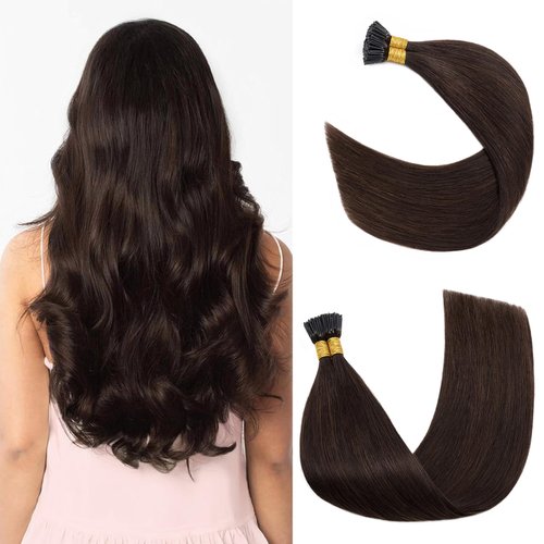 100 Strands/Pack I Tip Remy Human Hair Extensions Pre Bonded Keratin Stick In Hair Extensions Cold Fusion Hair Piece For Women Long Straight #2 Dark Brown 16'' 50g