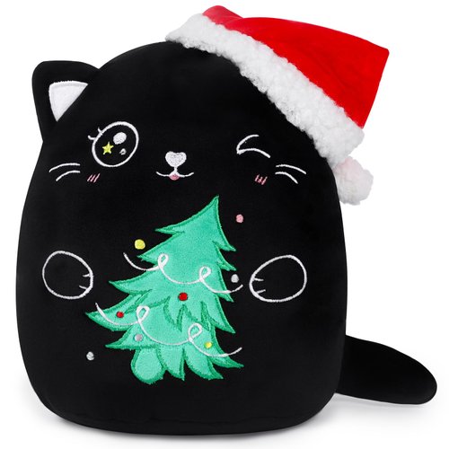 InIsaJace Christmas Stuffed Animals Toy - 8 Inches Christmas Plush Pillow Christmas Black Cat Plushies Toy Gift for Boys Girls Christmas Cat Plush with Santa Hat Christmas Party Favors Decor Supplies