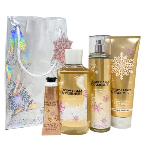 Bath and Body Snowflakes & Cashmere Gift Set Bag - Fragrance Mist - Body Cream - Shower Gel and Hand Cream Arranged Inside a Festive Gift Bag