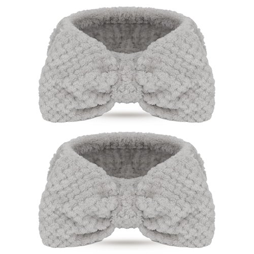 YISSION 2PCS Spa Headband with Bow No Slip Head Band for Face Wash Makeup Skincare Facial Headband Elastic Hair Band Microfiber Headbands for Women Girls (Gray)