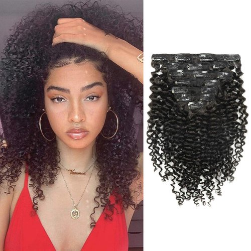 Anrosa Hair Extensions Clip In Human Hair Natural Black #1B Spiral Curly Hair Clip In Extensions 3A 3B Type Double Weft Brazilian Remy Thick Hair Jerry Curly Hair Extensions 120gram 22inch