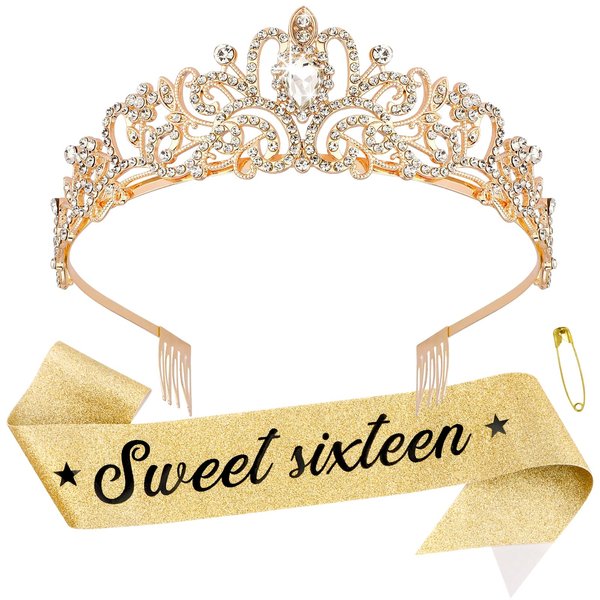 Sweet 16 Sash and Birthday Crown for Girls, 16th Birthday Tiara Crown,Sweet 16 Birthday, 16th Birthday Decorations for Girls (Gold)