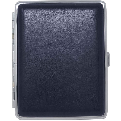 Navy Blue Smooth Leather (Full Pack 100s) Metallic Cigarette Case & Stash Box