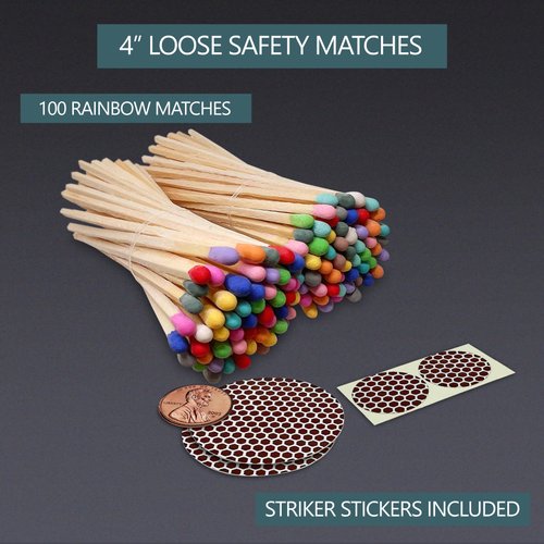 4" Rainbow Matches (100 Count, with Striking Stickers Included) | Decorative Unique & Fun for Your Home, Gifts, Accessories & Events | Premium Long Wood Safety Matches by Thankful Greetings