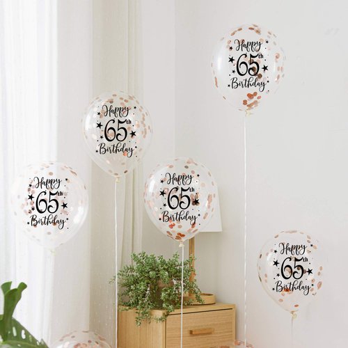 Rose Gold 65th Confetti Latex Balloons, Woman Happy 65 Years Birthday Party Balloon Decoration With Confetti, 12in, 16 Pack