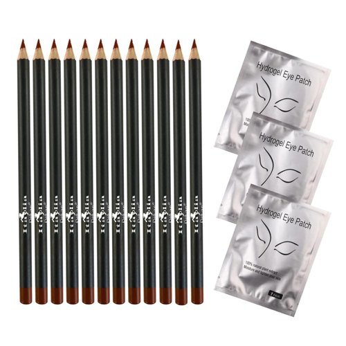 Italia Deluxe 12 pcs Eyeliner Pencil, Ultra Fine, Creamy, High-pigmented, Long-lasting + 3 pair Hydrogel Eye Patch for Lash Extensions (Brown)