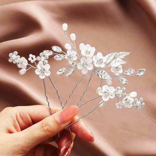 Gorais Flower Wedding Hair Pins Crystal Bridal Hair Pieces Pearl Bride Hair Clips Hair Accessories for Women and Girls (Pack of 3)