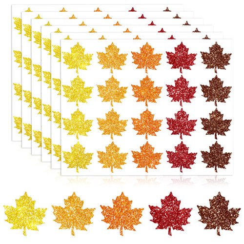 Whaline 500Pcs Fall Maple Leaf Stickers 5 Colors Glitter Autumn Decals Shinny Self Adhesive Labels for Thanksgiving Party Cards Seal Envelopes Home Window Door Supplies