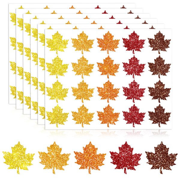 Whaline 500Pcs Fall Maple Leaf Stickers 5 Colors Glitter Autumn Decals Shinny Self Adhesive Labels for Thanksgiving Party Cards Seal Envelopes Home Window Door Supplies