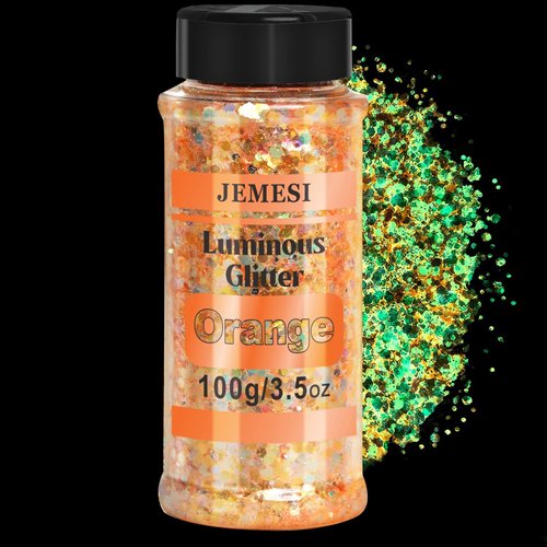 Glow in The Dark Glitter - 100g - Orange Luminous Glitter, Cosmetic Craft Glitter for Epoxy Resin, Body, Face, Nail, Craft and Festival Party Decoration
