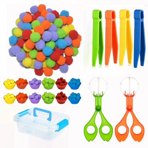 YQMVXW 119Pcs Kid Tweezers fine Motor Skills Set,Helping Hands fine Motor Tool Set，Includes 100 Pcs Pompoms,12 Cups,4 Tweezers,2 Clips,1 Storage Box for Counting Sorting Training